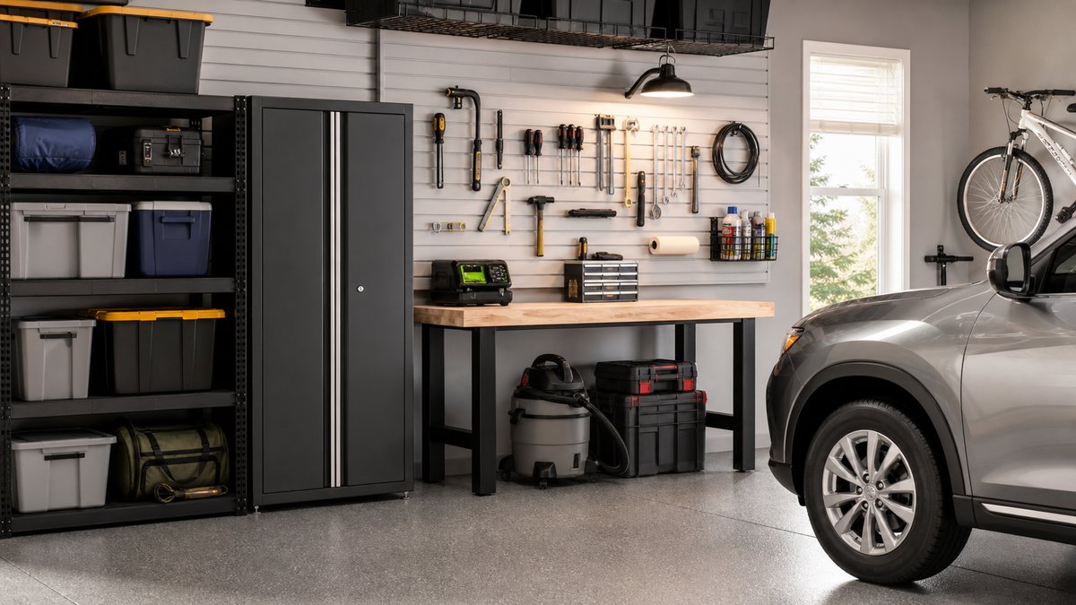 Garage workbench with hand tools and organized gear