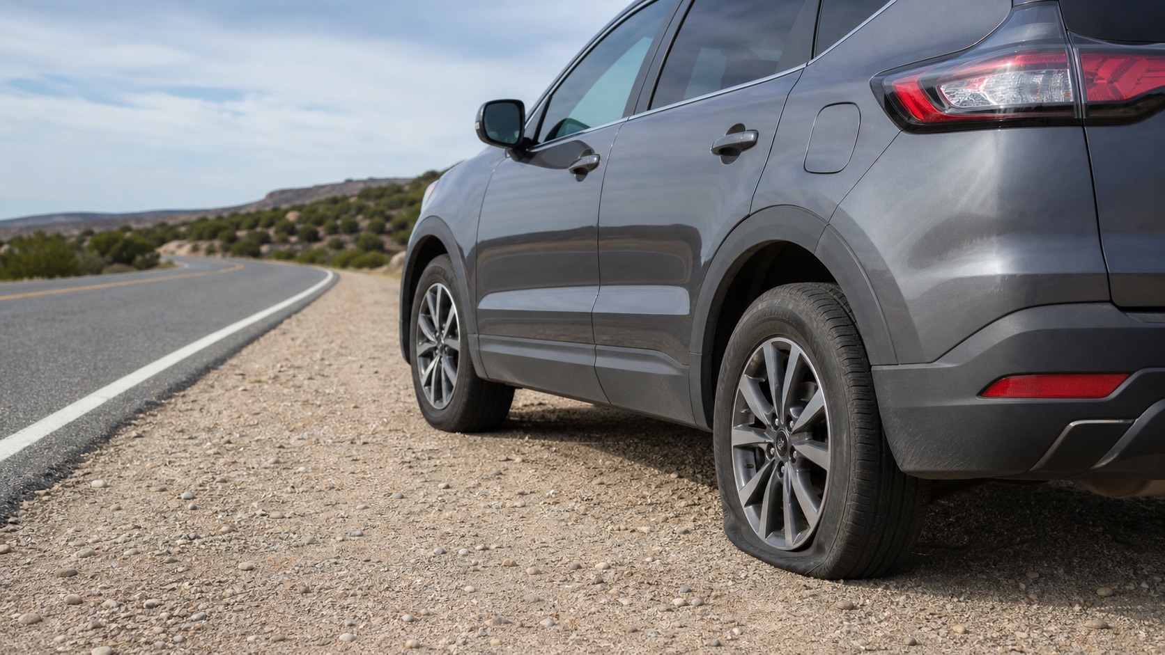 Car parked roadside with a visibly low tire