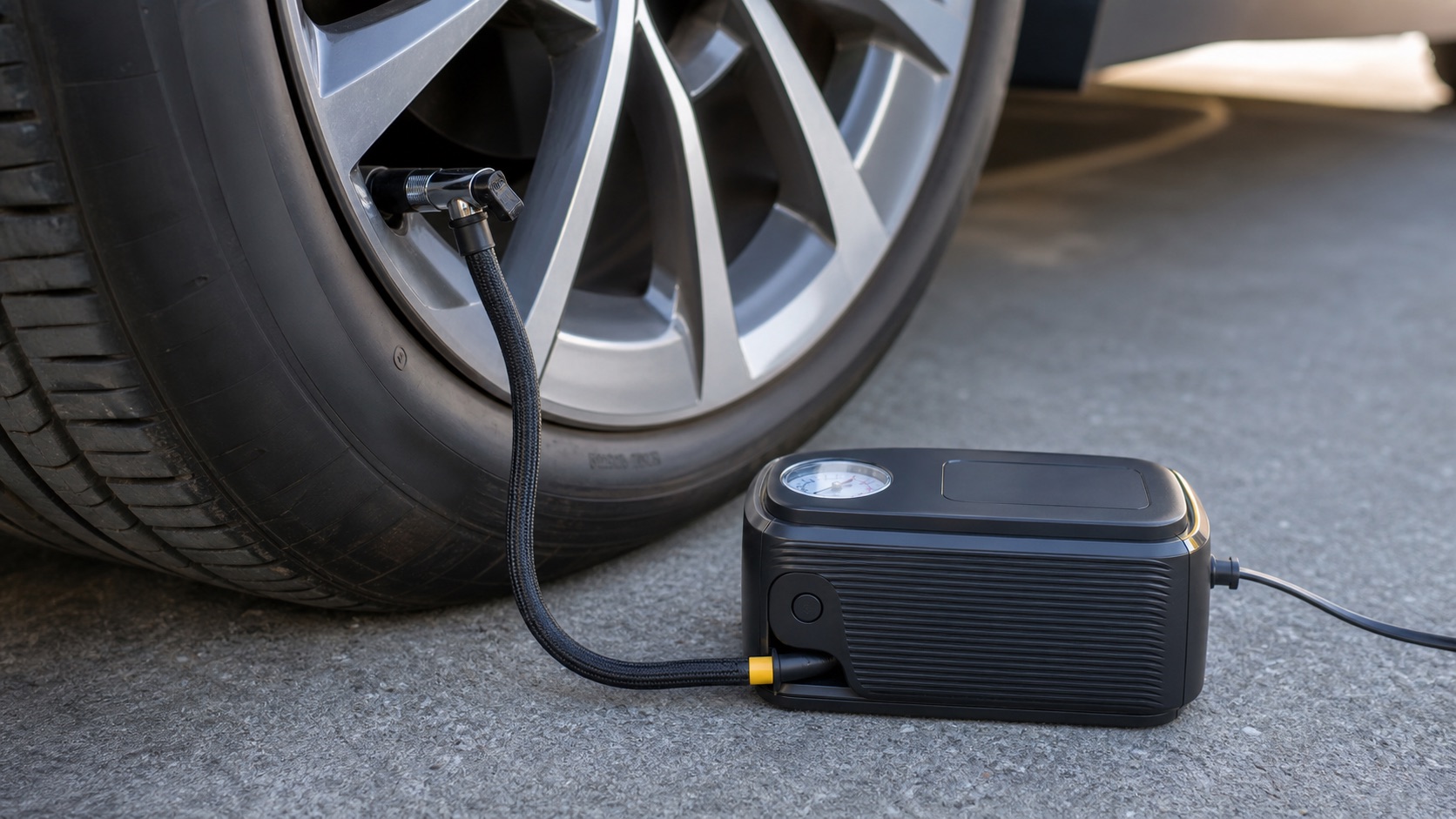 Portable tire inflator hose connected to a car tire valve
