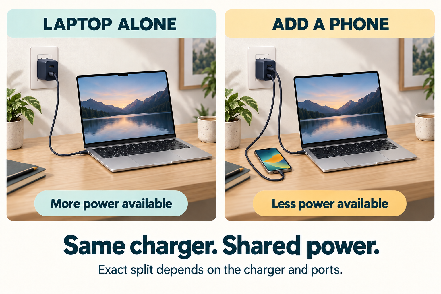 Laptop charging alone compared with the same charger powering a laptop and phone, leaving less power available to the laptop. Exact allocation depends on the charger and ports.
