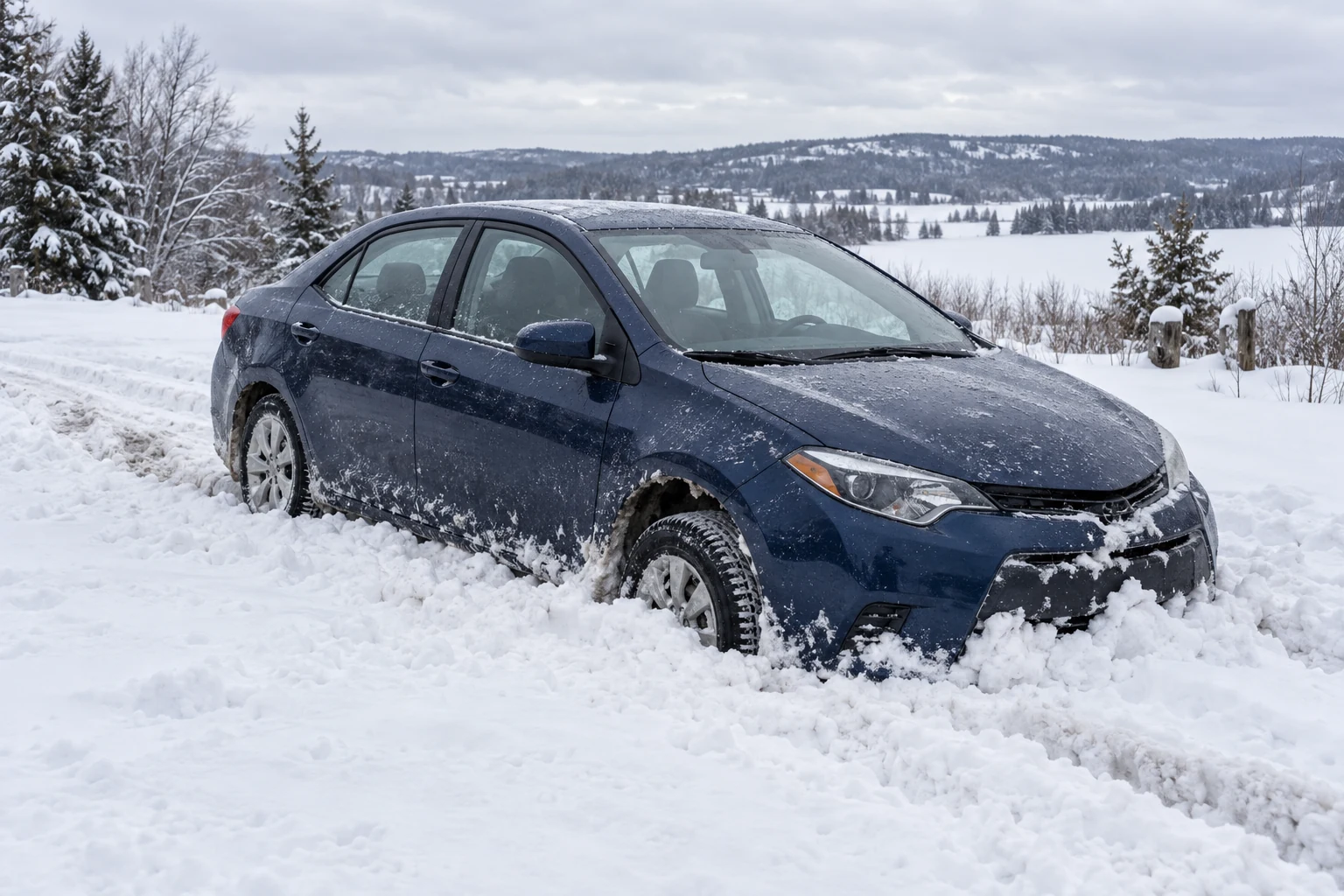 Blue sedan stuck in deep snow, with its front wheel sunk into a rut and snow packed against the bumper