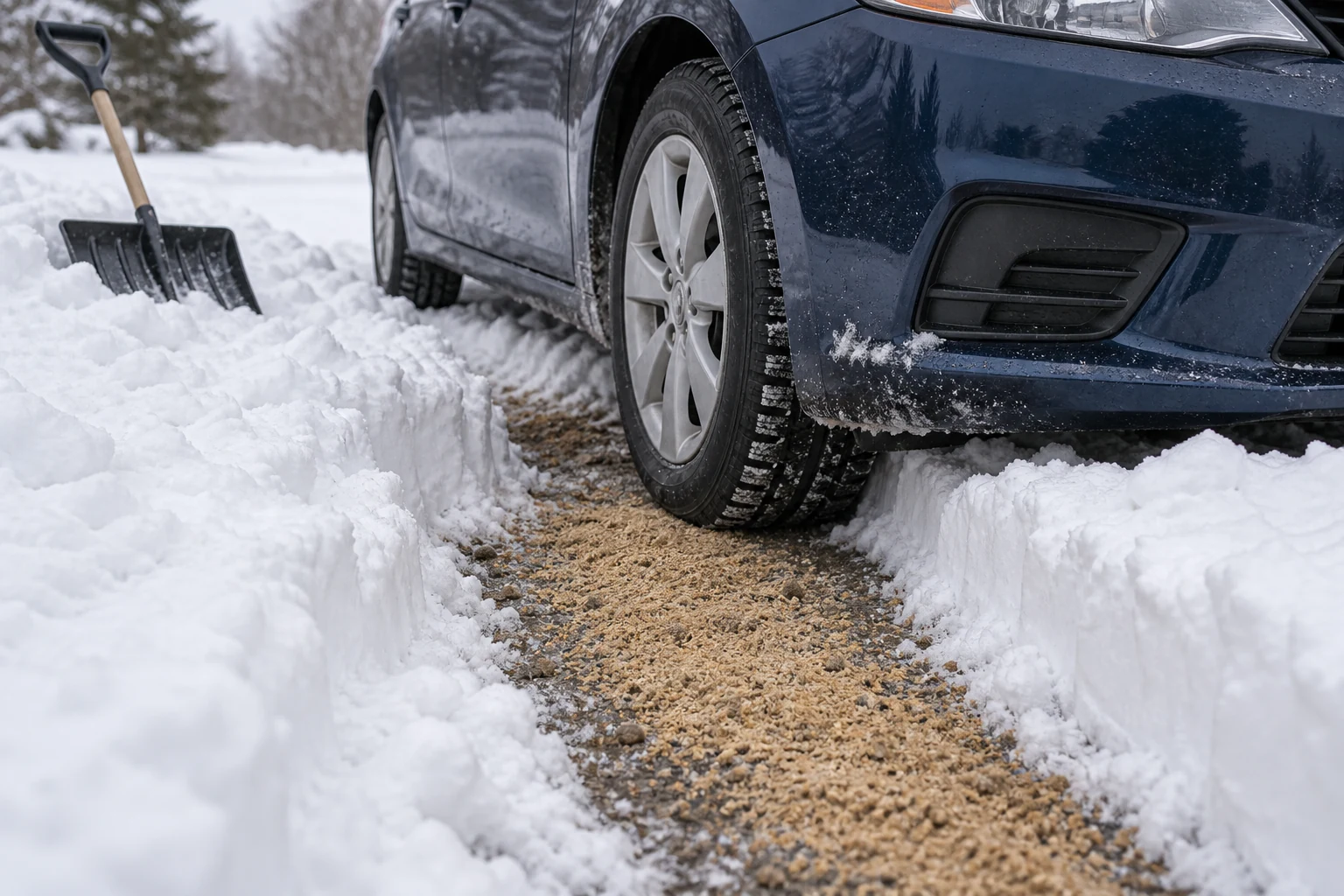 Cleared channel around a stationary car tire, with sand spread on the wheel path and a shovel resting outside it