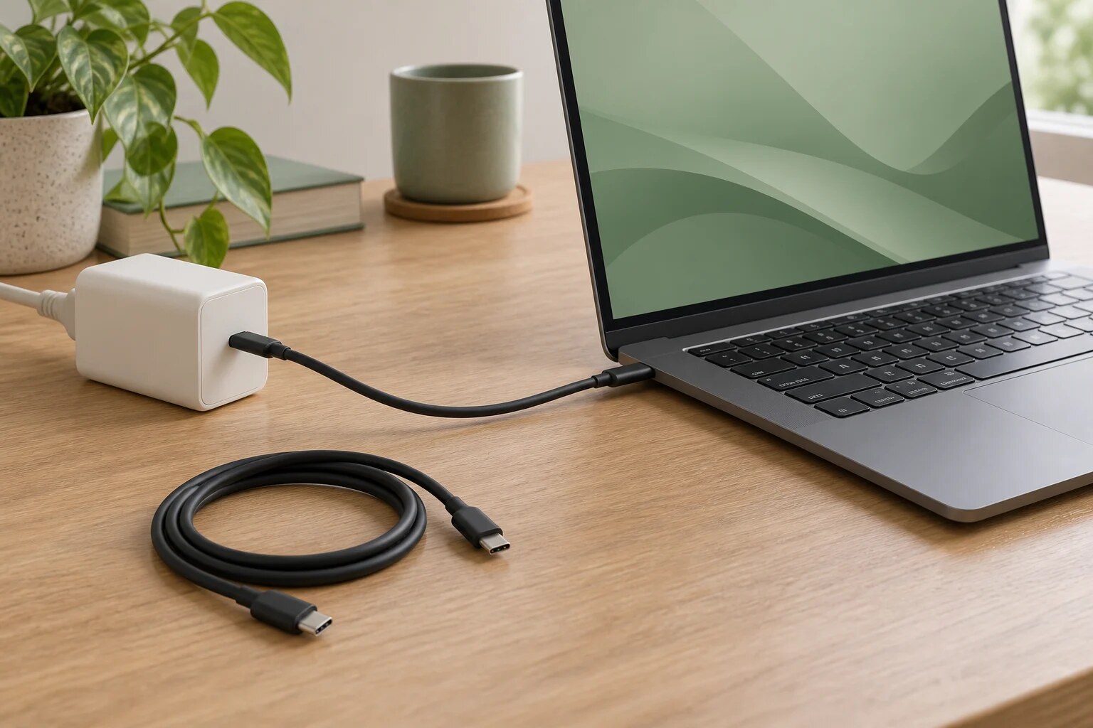 Illustration of a laptop connected to a USB-C charger with a spare USB-C cable nearby