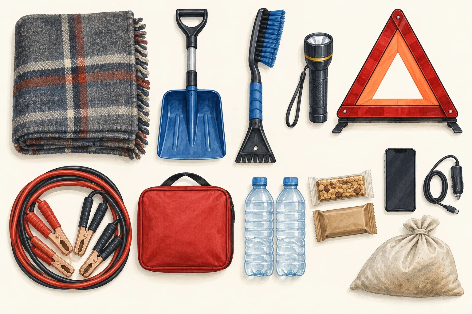 Illustration of winter car kit supplies including a blanket, shovel, scraper, flashlight, warning triangle, jumper cables, water and snacks