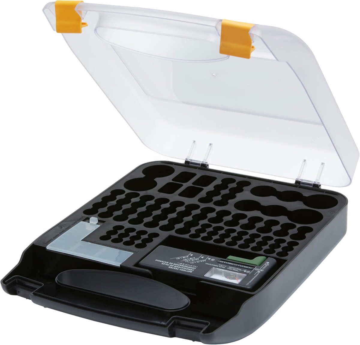 Amazon Basics clear battery storage case with tester