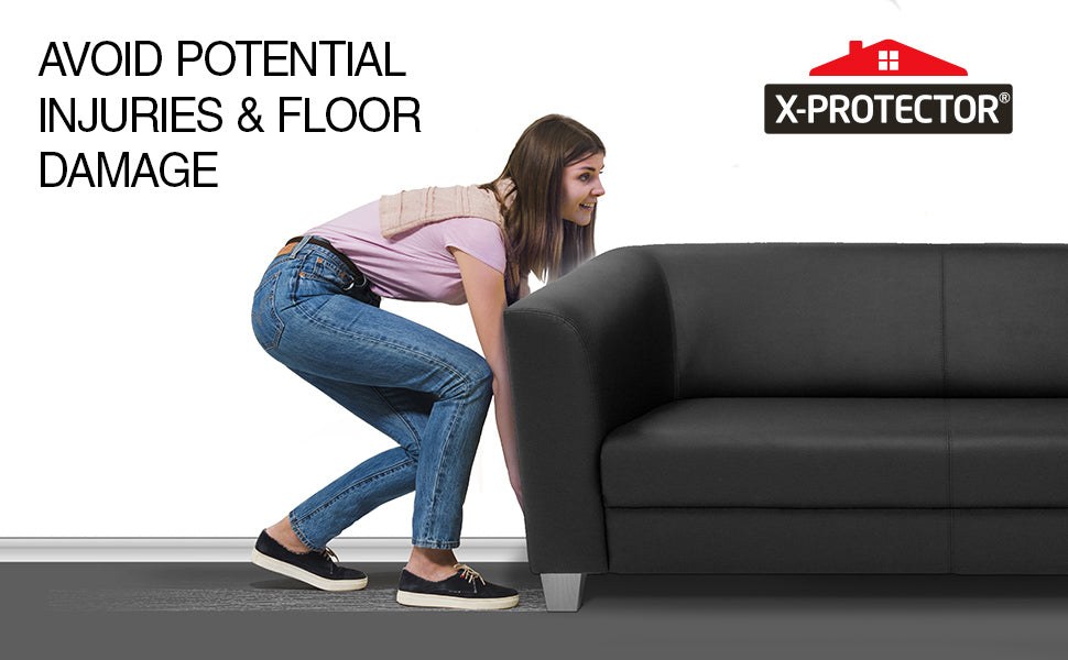 Person moving a couch with furniture sliders to protect the floor