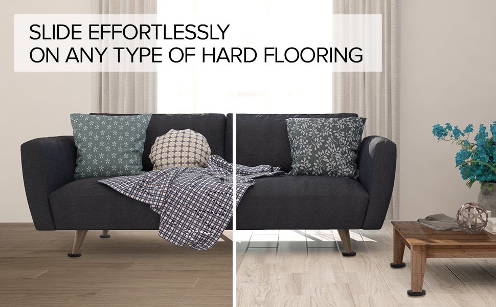 Furniture sliders under a couch and table on a hard floor