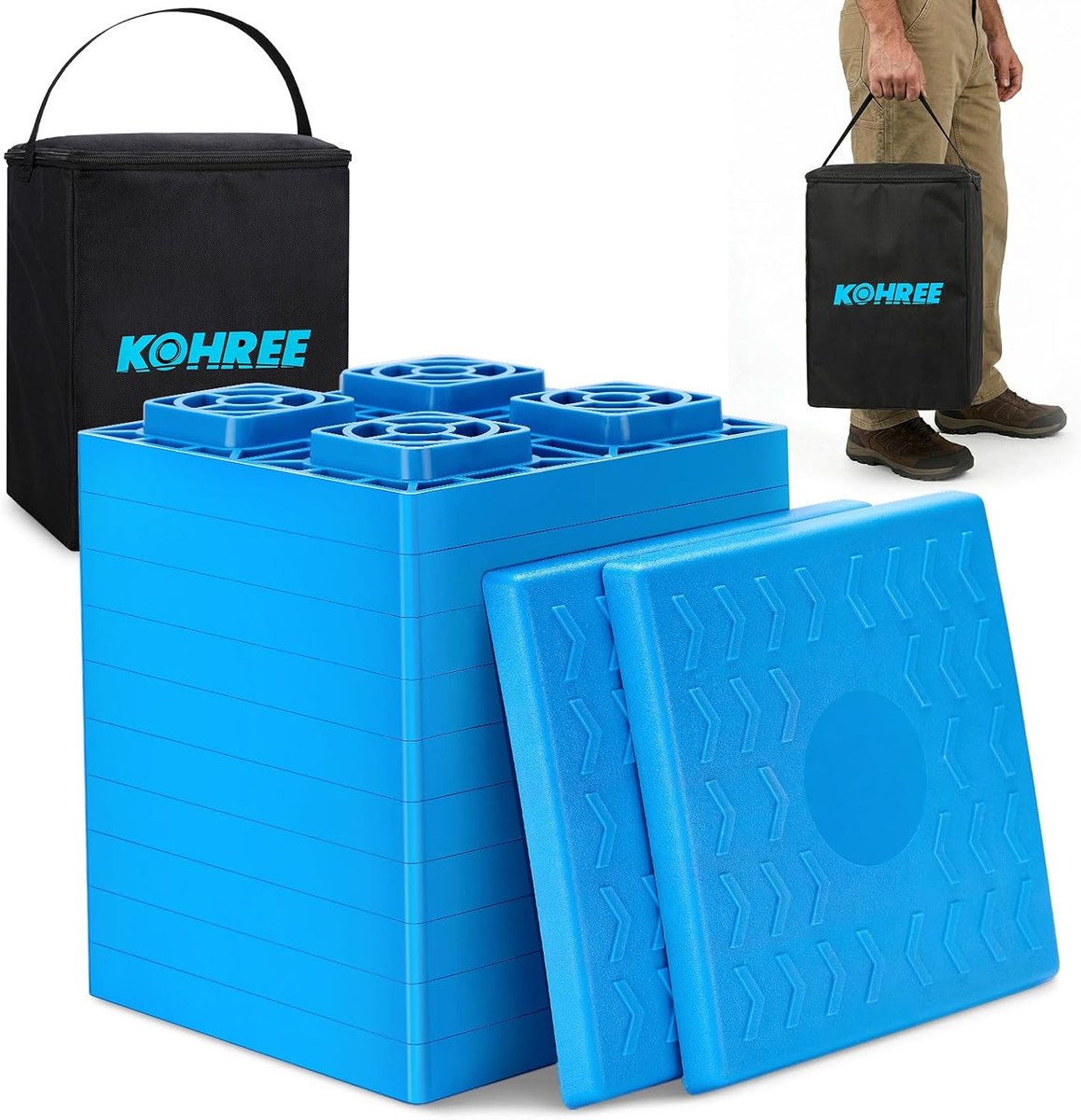 Kohree blue interlocking RV leveling blocks stacked with storage bag