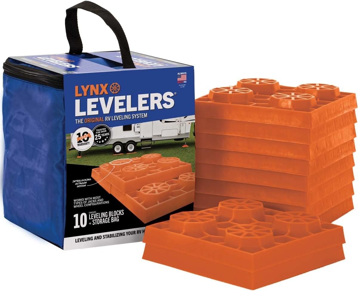 Tri-Lynx interlocking RV leveling blocks with orange storage bag