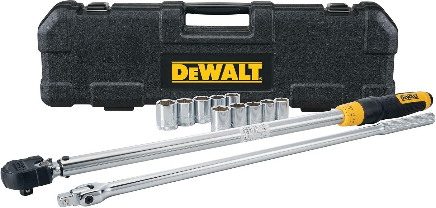 DeWalt 12-piece tire change torque wrench set with sockets and storage case