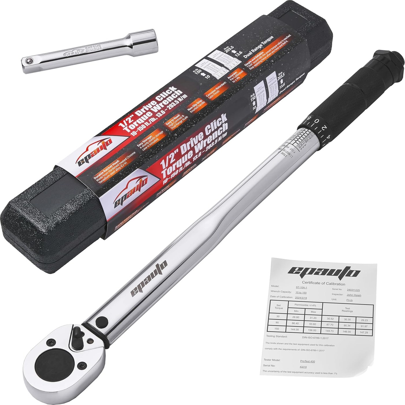 EPAuto 1/2-inch drive click torque wrench with extension bar and storage case